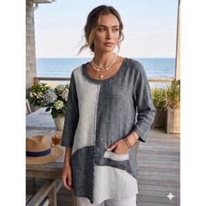 Namsar 100% Linen Patchwork Tunic Top M Gray White Stripe Raw Hem Boho Lagenlook